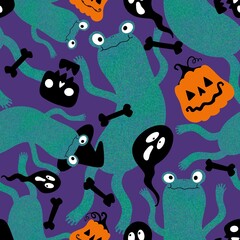 Halloween animals seamless frogs and pumpkins and ghost and skulls pattern for wrapping paper and fabrics