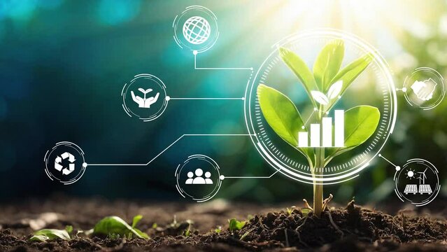 Environmental technology concept, green technology. Alternative energy concept.Net zero emission. sustainable ESG modernization development by using technology of renewable resources.4K. Generative AI