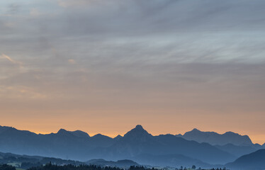 Mountains at sunset in Allgovia, Germany..