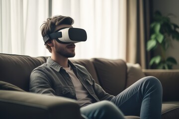 Obraz premium Male wearing VR virtual reality headset. Man with VR headset. 