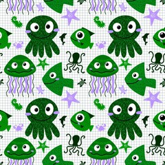 Ocean animals seamless jellyfish and crabs and starfish and fish and octopus pattern for wrapping paper