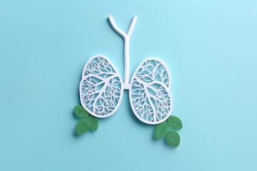 Paper cut lungs with green foliage on blue, a metaphor for healthy breathing. Paper Craft Lungs with Green Leaves