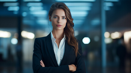 Beautiful and Confident Businesswoman in Office Environment, teammates in the background of the nice office interior. AI Generative.