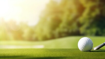 Golf course with a club and a ball on a beautiful blurred sunny background with space for text