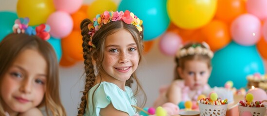 Two girls at a joyful birthday party celebration with colorful balloons and delicious cakes