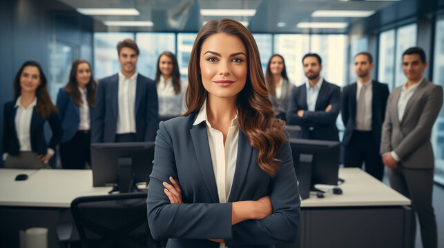 Beautiful and Confident Businesswoman in Office Environment, teammates in the background of the nice office interior. AI Generative.