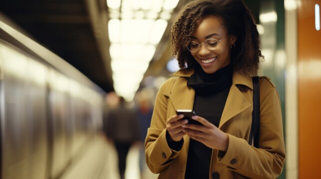 Young african american woman in the subway smiling using mobile phone