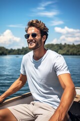 A young man in a blank white t-shirt, enjoying a breezy boat ride on a clear blue lake