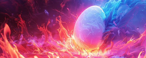 Dynamic illustration of an egg moving through neon flames and ice symbolizing change and resilience
