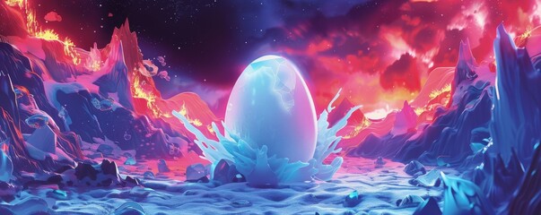 Dynamic illustration of an egg moving through neon flames and ice symbolizing change and resilience - obrazy, fototapety, plakaty