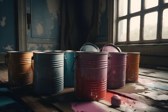 Paint cans, roller, color guide , .highly detailed,   cinematic shot   photo taken by sony   incredibly detailed, sharpen details   highly realistic   professional photography lighting   lightroom   b