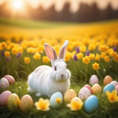 Holiday celebration banner with cute Easter bunny with decorated eggs and spring flowers on green spring meadow. Rabbit in landscape. Happy Easter greeting card, banner, festive background.Copy space