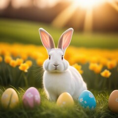 Fototapeta premium Holiday celebration banner with cute Easter bunny with decorated eggs and spring flowers on green spring meadow. Rabbit in landscape. Happy Easter greeting card, banner, festive background.Copy space