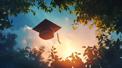 Graduation cap flying in the sky with sunlight and leaves.