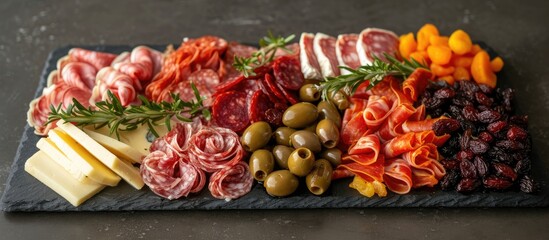 A platter featuring a selection of cured deli meats, cheeses, olives, and dried fruits, a classic party favorite.