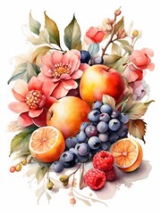 watercolor illustration of  fruits and berries