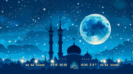 Fototapeta premium Islamic holy month of Ramdan Mubarak concept with golden crescent moon, lantern and mosque illustration on yellow background.