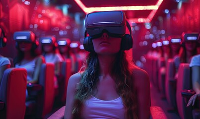 Virtual reality cinema with a group of people wearing VR glasses while watching a modern film