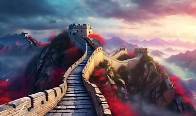 An ancient defensive structure reminiscent of the great wall of China - obrazy, fototapety, plakaty