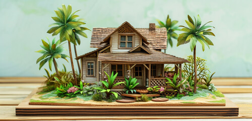 A miniature Hawaiian plantation house with tropical landscaping, on a wooden surface. The background is a light sea green.