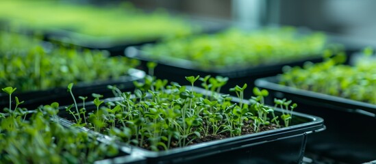 Lush green row of young seedlings growing in a botanical garden nursery under natural lighting