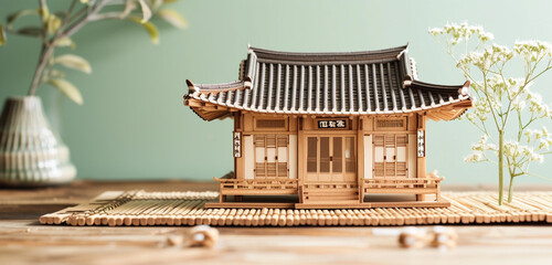 A miniature traditional Korean hanok house with intricate woodwork, on a bamboo mat. The background...
