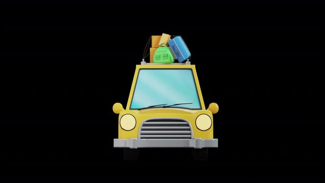 3D rendered of cartoon traveling car solid front orthographic view color cute car looping animation full hd transparent background rgb alpha prores 4444