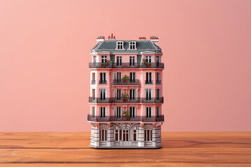 A small, classic Parisian apartment building with balconies, on a wooden tabletop. The background is a light rose pink.