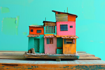 Fototapeta na wymiar A small, colorful Brazilian favela style house, on a wooden base. The background is a pastel teal.