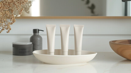 Fototapeta na wymiar An elegant display of an empty oval-shaped three hand cream tubes on a clean white surface, with a focus on minimalism.