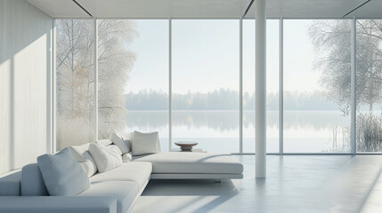 An airy white space with panoramic windows overlooking a tranquil lake. 