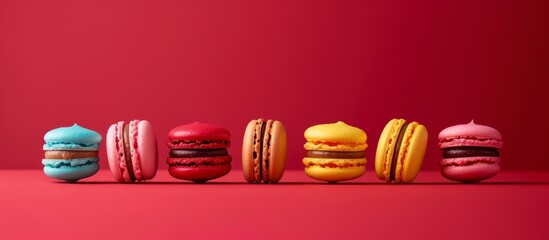 Obraz premium a row of colorful macarons are lined up in a row on a red background . High quality