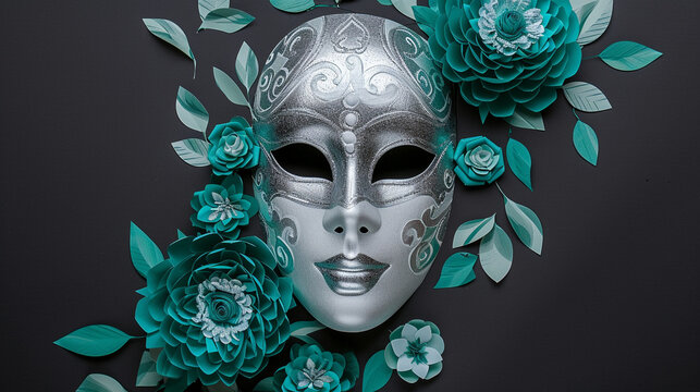An intriguing HD image of a silver and white Venetian mask on a black background, accented with teal paper flowers.