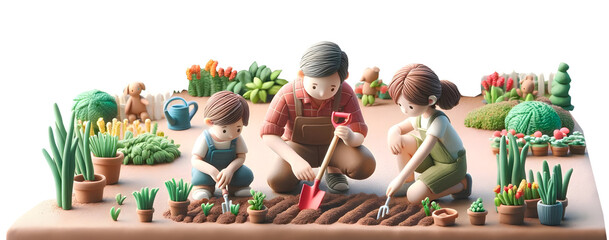 Personnage en pâte à modeler : Jardinage en famille - obrazy, fototapety, plakaty