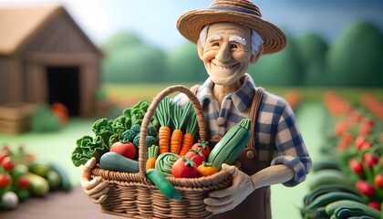 Personnage en pâte à modeler : Grand-père avec un panier de légumes
