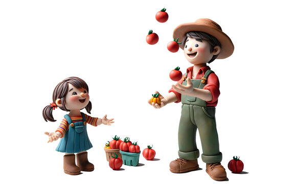 Personnage en pâte à modeler : papa jonglant avec des tomates pour amuser sa fille