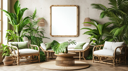 A lush, tropical-style room with bamboo furniture, green plants, and a white frame mockup for decor.
