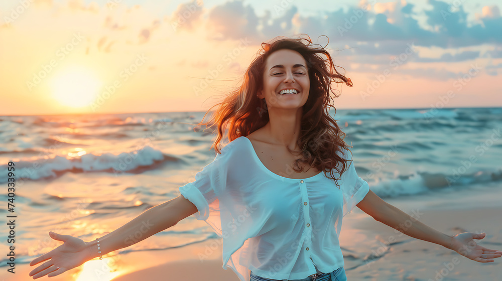 Wall mural one happy beautiful woman walking on the sand of the beach enjoying and having fun at the sunset of 