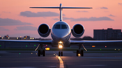 A private jet embarking on a nocturnal voyage, bathed in the soft light of the setting sun.