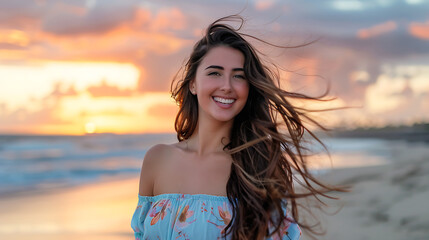 Naklejka premium One happy beautiful woman walking on the sand of the beach enjoying and having fun at the sunset of the day. Leisure time on vacations, freedom concept
