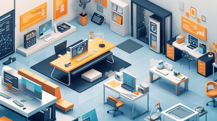 A sleek, isometric view of a product design studio, with prototypes on display, collaborative workspaces, and a clean, modern aesthetic, reflecting innovation and creativity. - obrazy, fototapety, plakaty