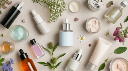 A well-curated flat lay showcasing an array of skincare serums, creams, and facial masks.