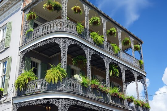 A photo capturing a traditional New Orleans corner building with multiple balconies adorned with hanging plants.