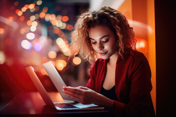 Young woman working outdoors on laptop and phone.