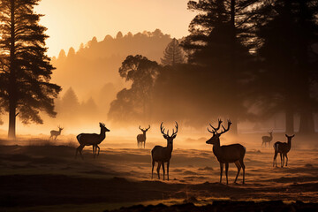 Fototapeta na wymiar A serene picture of a herd of deer grazing on a forest lush