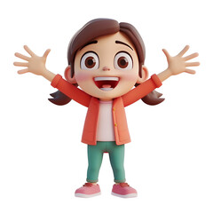 Obraz premium Kid’s 3D Cartoon: Happy Girl Celebrating with Open Arms in a Simple Rendered Illustration, Isolated on Transparent Background, PNG