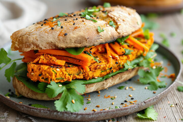 grilled salmon sandwich with carrot and cilantro on a wooden background - obrazy, fototapety, plakaty