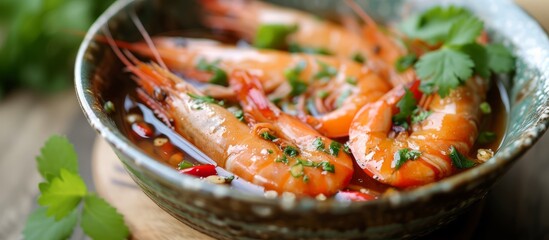 Delicious bowl of shrimp with tasty ci sauce for a gourmet seafood experience