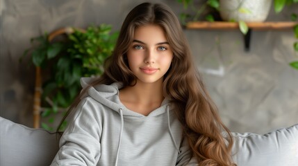 Obraz premium Young Woman Relaxing on Sofa in Casual Attire