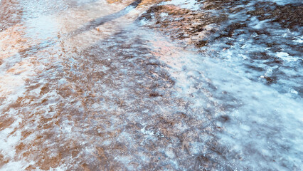 Texture of ice. Wallpaper with icy road. Background with sunlight on frozen river. Winter ground....